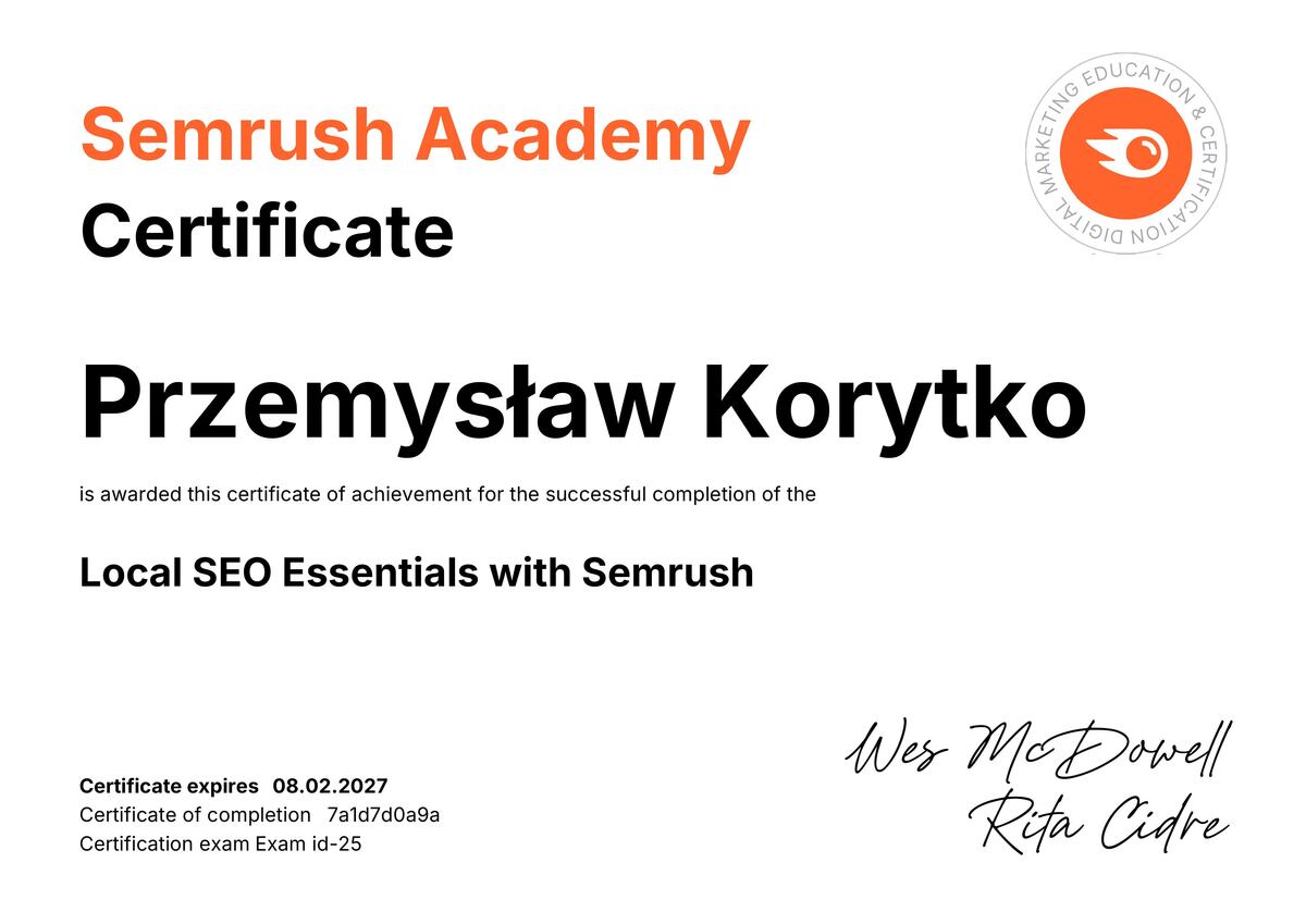 Certyfikat Semrush Local SEO Essentials - Przemysław Korytko