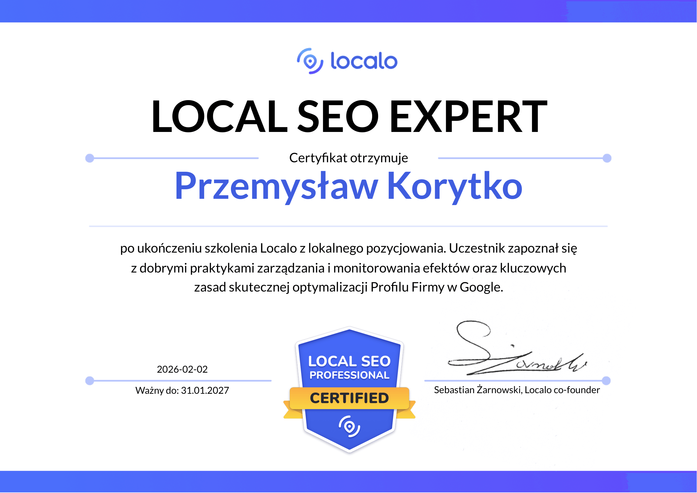Certyfikat Localo Expert - Pozycjonowanie w Mapach Google Olsztyn